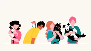 Dibujo de cuatro personas con diversas mascotas